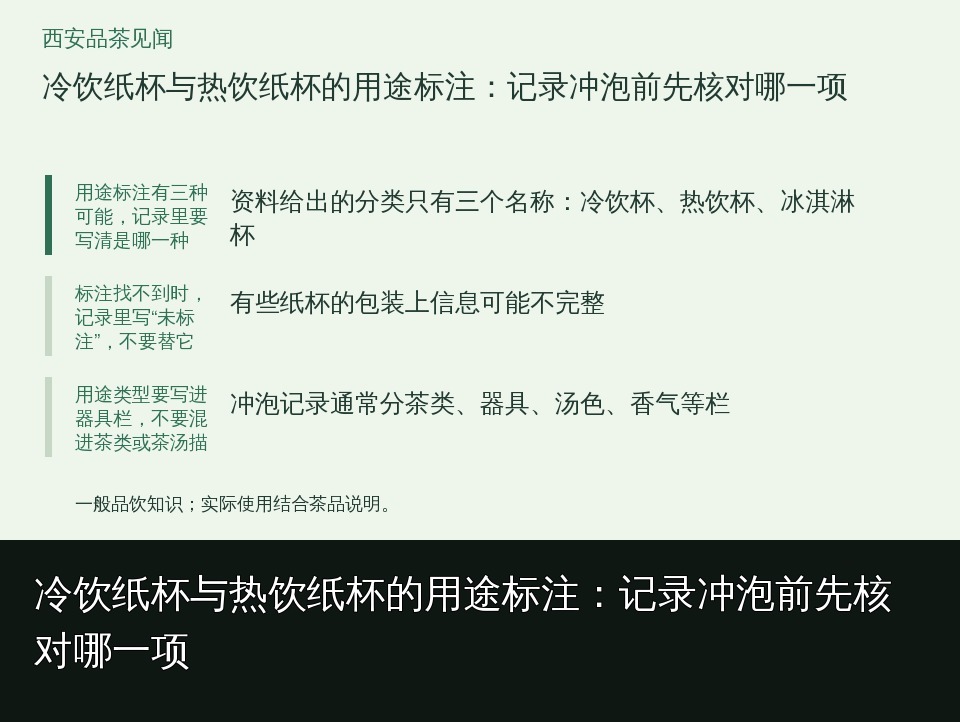 冷饮纸杯与热饮纸杯的用途标注:记录冲泡前先核对哪一项的知识要点示意图