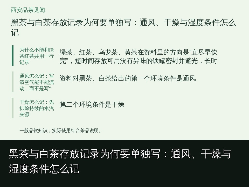 黑茶与白茶存放记录为何要单独写:通风、干燥与湿度条件怎么记的知识要点示意图