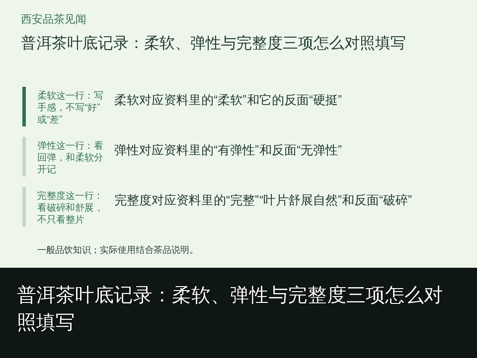 普洱茶叶底记录:柔软、弹性与完整度三项怎么对照填写的知识要点示意图